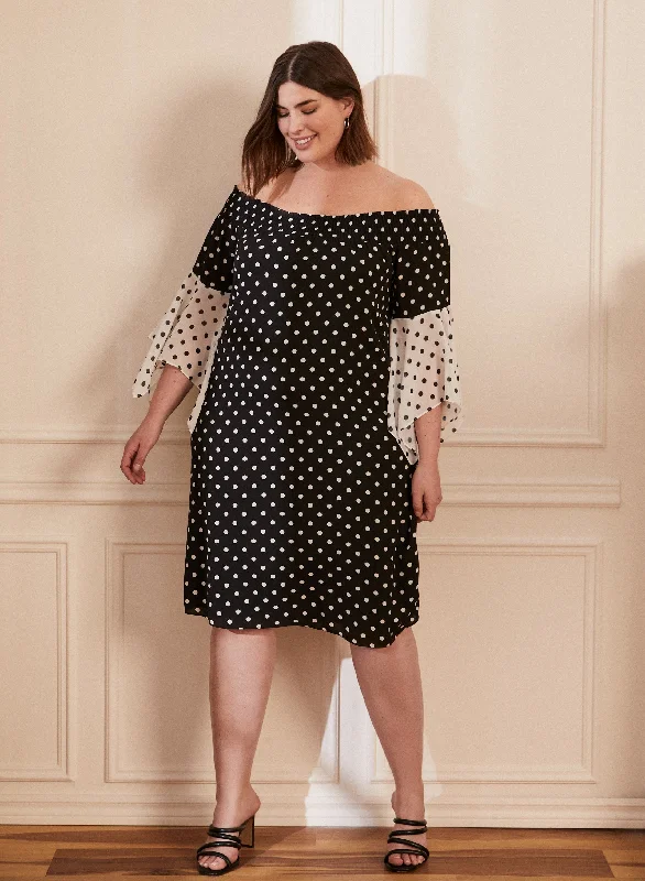 Midi dresses with denim fabric for a casual yet stylish day outPolka Dot Off-The-Shoulder Dress