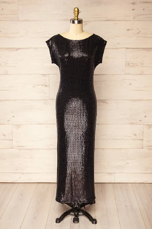 Midi dresses with off - the - shoulder necklines for a flirty lookSeralie | Black Sequin Maxi Dress w/ Slit