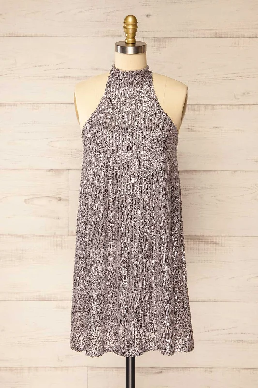 A - line midi dresses with floral prints for spring brunchesSingapour Silver | Short Sequin Dress w/ High Neck