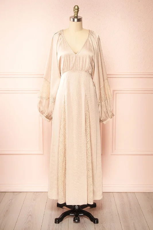 Midi dresses with pleated skirts for a timeless and elegant appealSirina | Long Sleeve Beige Maxi Dress w/ Lace Details