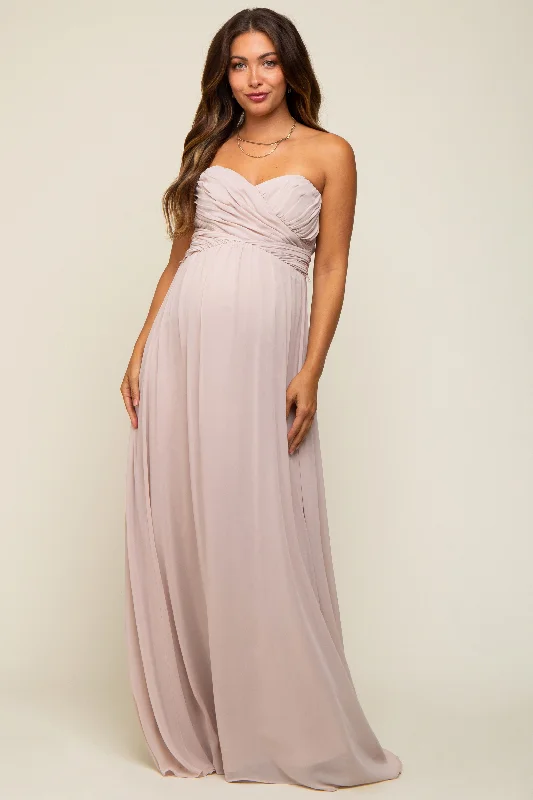 Midi dresses with ruffled hems for a romantic date nightTaupe Sweetheart Convertible Chiffon Maternity Gown