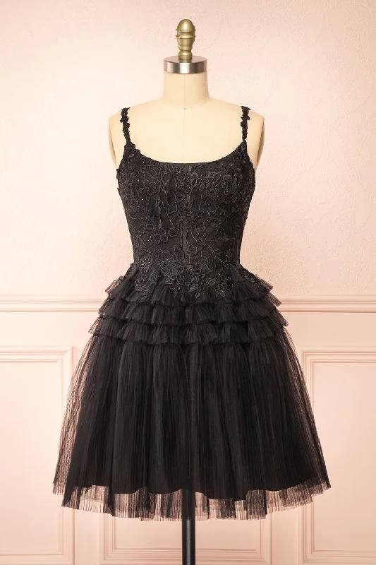 Midi dresses with belted waists to accentuate the figureZarielle | Short Black Tulle Tiered Dress