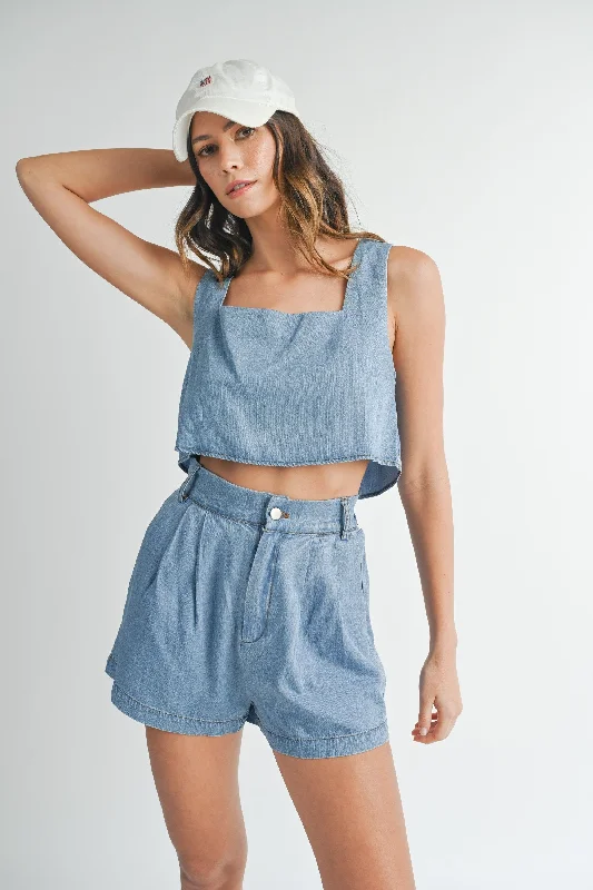 Plus Size Women's Elastic Waistband Linen Shorts in Navy Blue for a Comfortable Everyday OptionAlexandra Denim Short Set