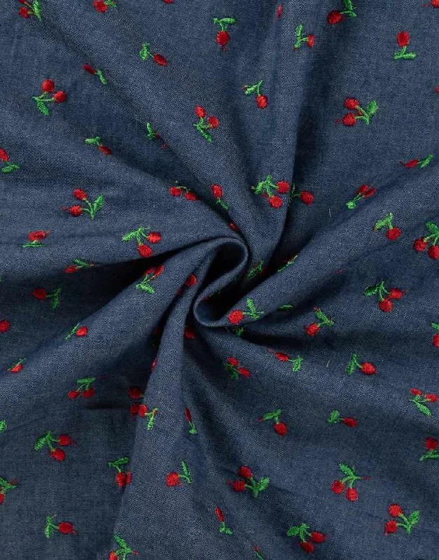 Cherry Embroidered Chambray Fabric