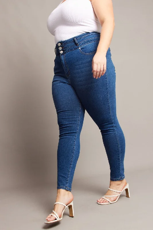 Denim Skinny Jeans High Rise Button Front