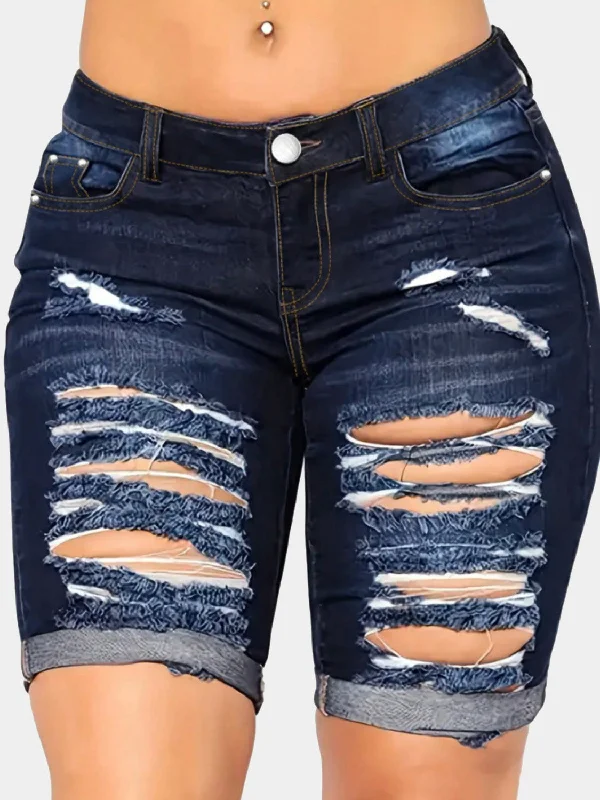 High - Waisted Plus Size Women's Denim Shorts with Distressed Details for a Trendy LookDistressed Denim Shorts with Pockets