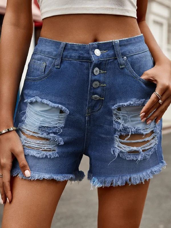 Women's Lace - Trimmed Shorts in White for a Romantic and Elegant OutfitDistressed Raw Hem Denim Shorts