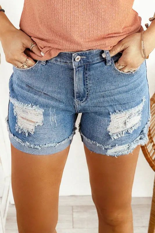 Plus Size Women's Stretch Denim Shorts with Belt Loops in Medium Wash for a Versatile FitDistressed Ripped Denim Shorts - Rolled Hem