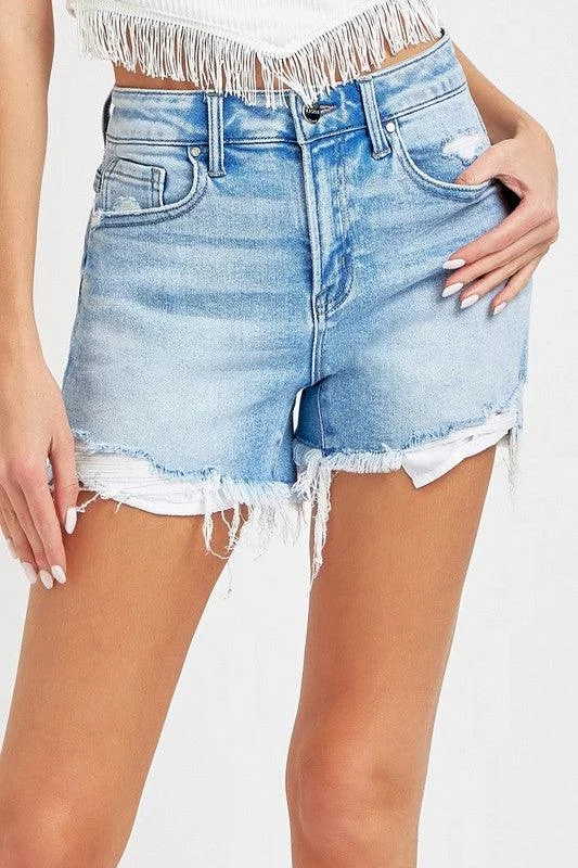 Plus Size Women's Stretch Denim Shorts with Belt Loops in Medium Wash for a Versatile FitHIGH RISE-PIKABOO LINING SHORTS S-XL