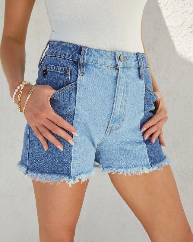 Plus Size Women's Elastic Waistband Linen Shorts in Navy Blue for a Comfortable Everyday OptionJessica Two Tone High Waisted Frayed Hem Jean Shorts