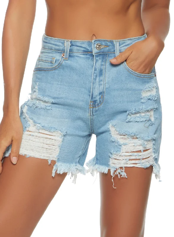 Plus Size Women's Denim Cut - off Shorts with Frayed Edges for a Casual and Laid - Back VibeWAX Distressed High Waist Shorts