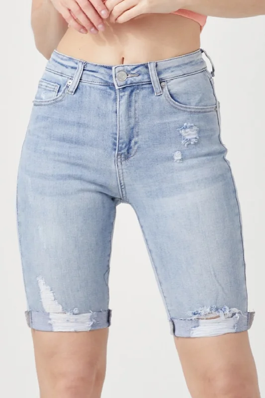 Plus Size Women's Denim Cut - off Shorts with Frayed Edges for a Casual and Laid - Back VibeRISEN High Rise Distressed Denim Bermuda Shorts