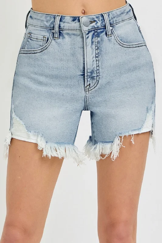 Plus Size Women's Denim Shorts with Embroidered Flowers in Light Blue for a Feminine TouchRISEN High Rise Side Step Hem Denim Shorts