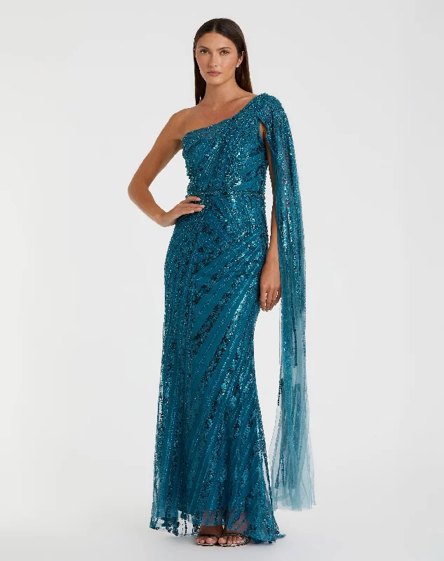 Maxi dresses with patchwork designs for a one - of - a - kind styleDark Blue One Shoulder Cape Sleeve Embellished Gown