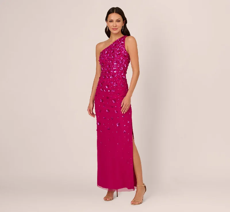 Maxi dresses with cold - shoulder cutouts for a trendy look3D Floral Hand-Beaded One-Shoulder Long Column Gown In Hot Orchid