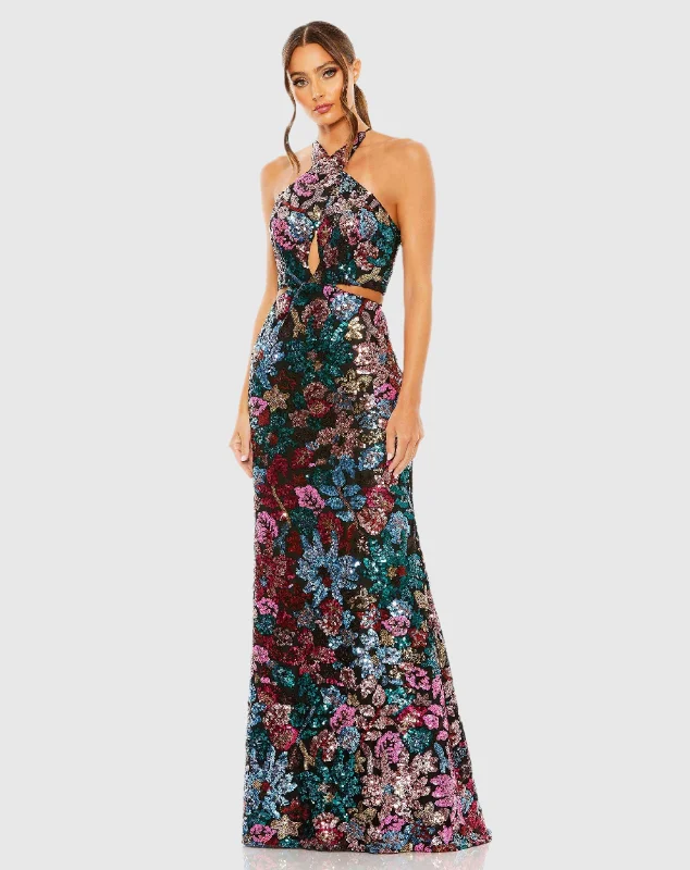 Maxi dresses with balloon sleeves for a vintage - inspired styleSequin Embellished Cross Neck Gown