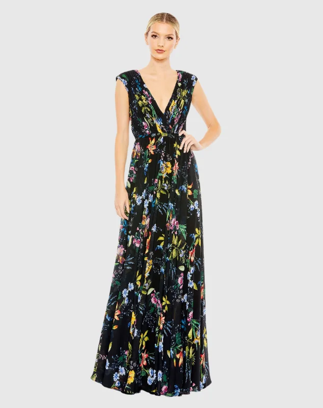 Maxi dresses with a wrap - around style for a customizable fitPleated Floral Cap Sleeve A Line Gown