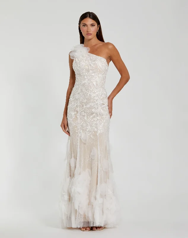 Maxi dresses with thin spaghetti straps for a delicate and feminine feelBeaded Strappy One Shoulder Petal Mermaid Gown