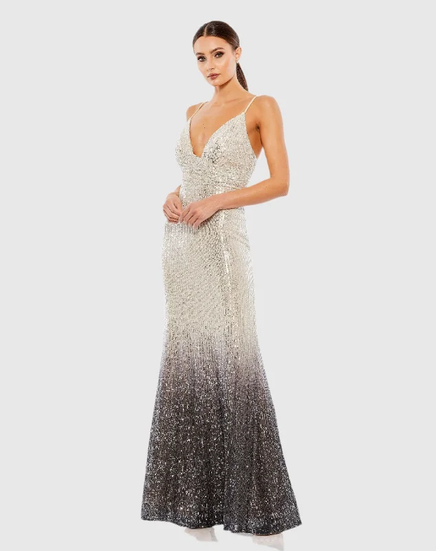 Maxi dresses with balloon sleeves for a vintage - inspired stylePlunge Neck Ombre Sequin Gown