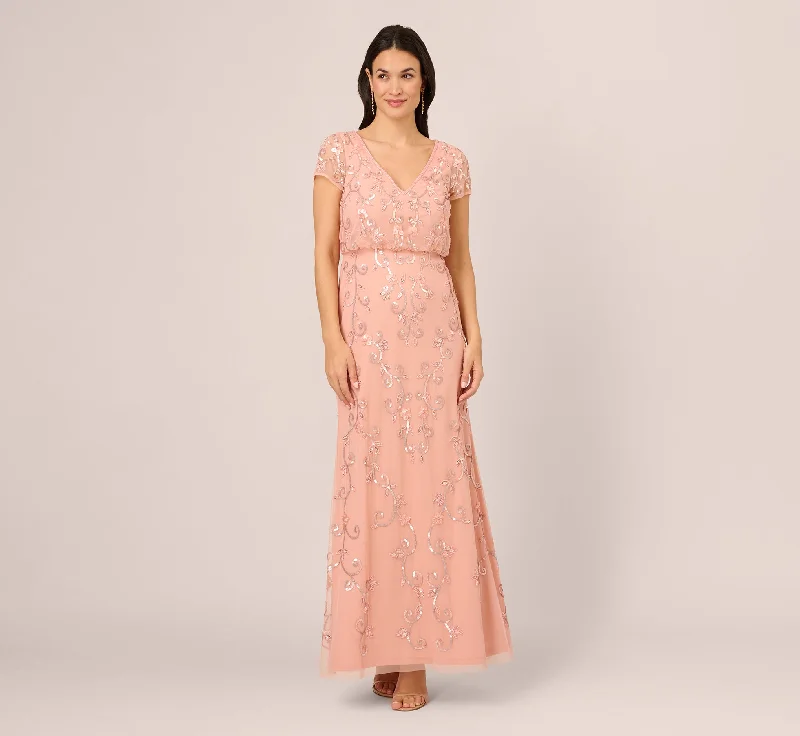 Maxi dresses with patchwork designs for a one - of - a - kind styleBeaded Blouson Mermaid Gown With Sheer Short Sleeves In Coral Coast