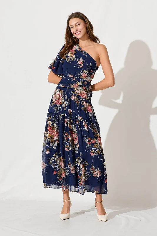 Denim maxi dresses with frayed hems for a casual lookBerlyn One Shoulder Maxi Dress In Navy Floral Chiffon