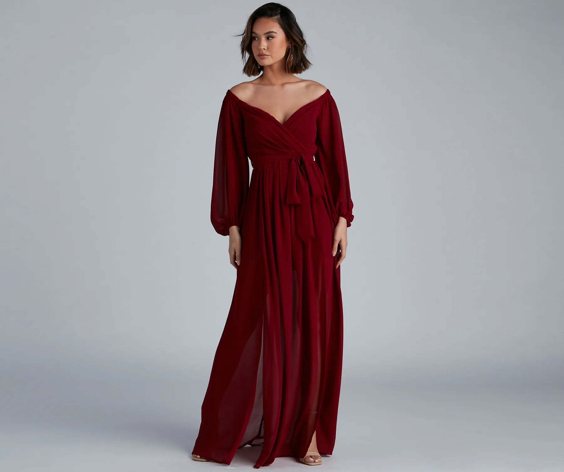 Maxi dresses with a ruched bodice for a more form - fitting and feminine shapeBritt Off-The-Shoulder Chiffon Formal Dress