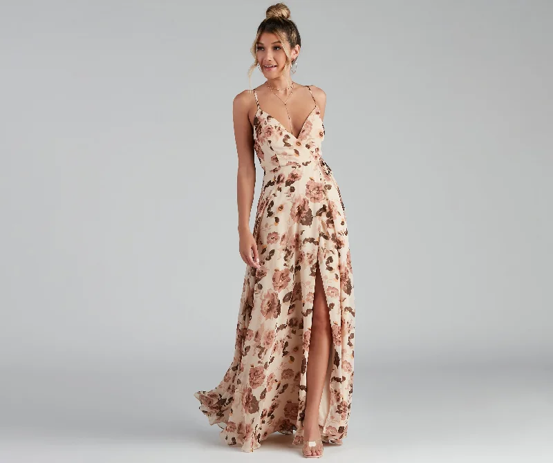 Maxi dresses with a wrap - around style for a customizable fitErika Floral Chiffon Wrap A-Line Formal Dress