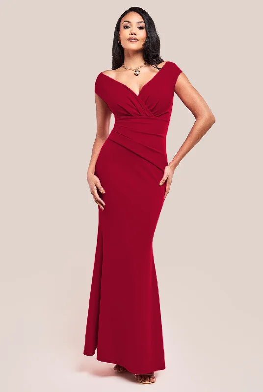 Metallic maxi dresses for a glamorous New Year's Eve partyGoddiva Bardot Pleated Maxi Dress - Wine