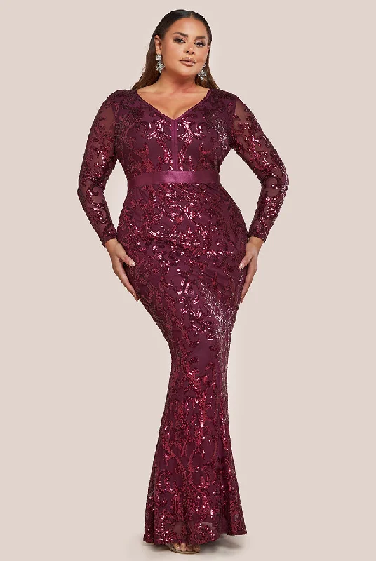 Maxi dresses with pom - pom trims for a playful and festive lookGoddiva Plus Embroidered Sequin & Mesh Maxi Dress - Burgundy