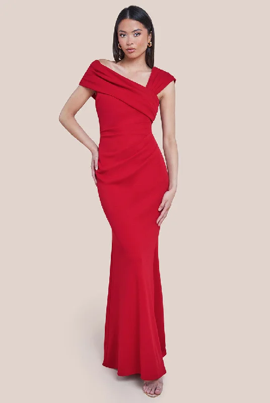 Maxi dresses with a gathered skirt for a voluminous and dramatic effectGoddiva One Shoulder Evening Maxi Dress - Red