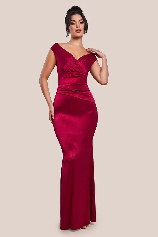 Maxi dresses with a keyhole back for a sexy detailGoddiva Satin Off The Shoulder Maxi Dress - Wine