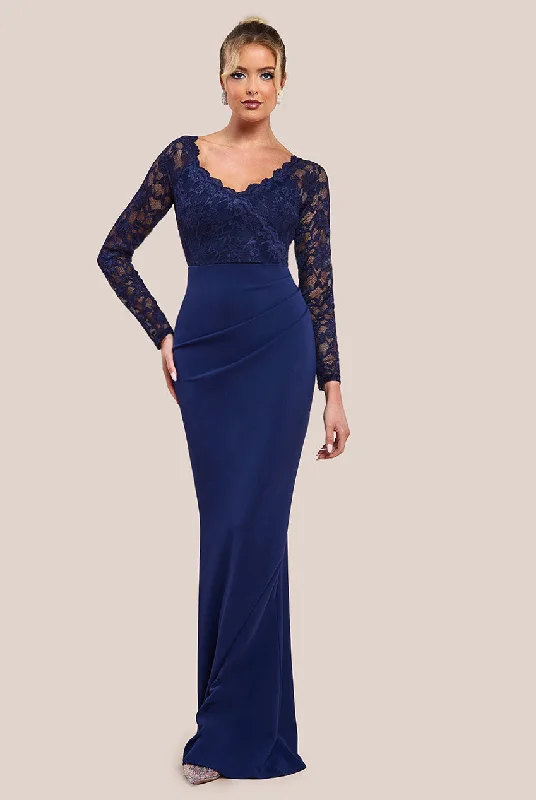 Maxi dresses with a button - down front for a classic lookGoddiva Scalloped Lace & Scuba Maxi Dress - Navy