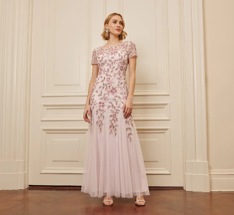 Maxi dresses with ribbed textures for a unique and tactile lookHand Beaded Short Sleeve Floral Godet Gown In Blush Pink