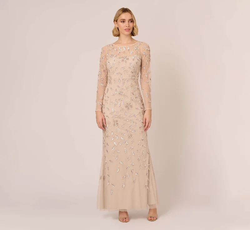 Maxi dresses with a ruched bodice for a more form - fitting and feminine shapeIllusion Floral Beaded Gown With Sheer Long Sleeves In Latte