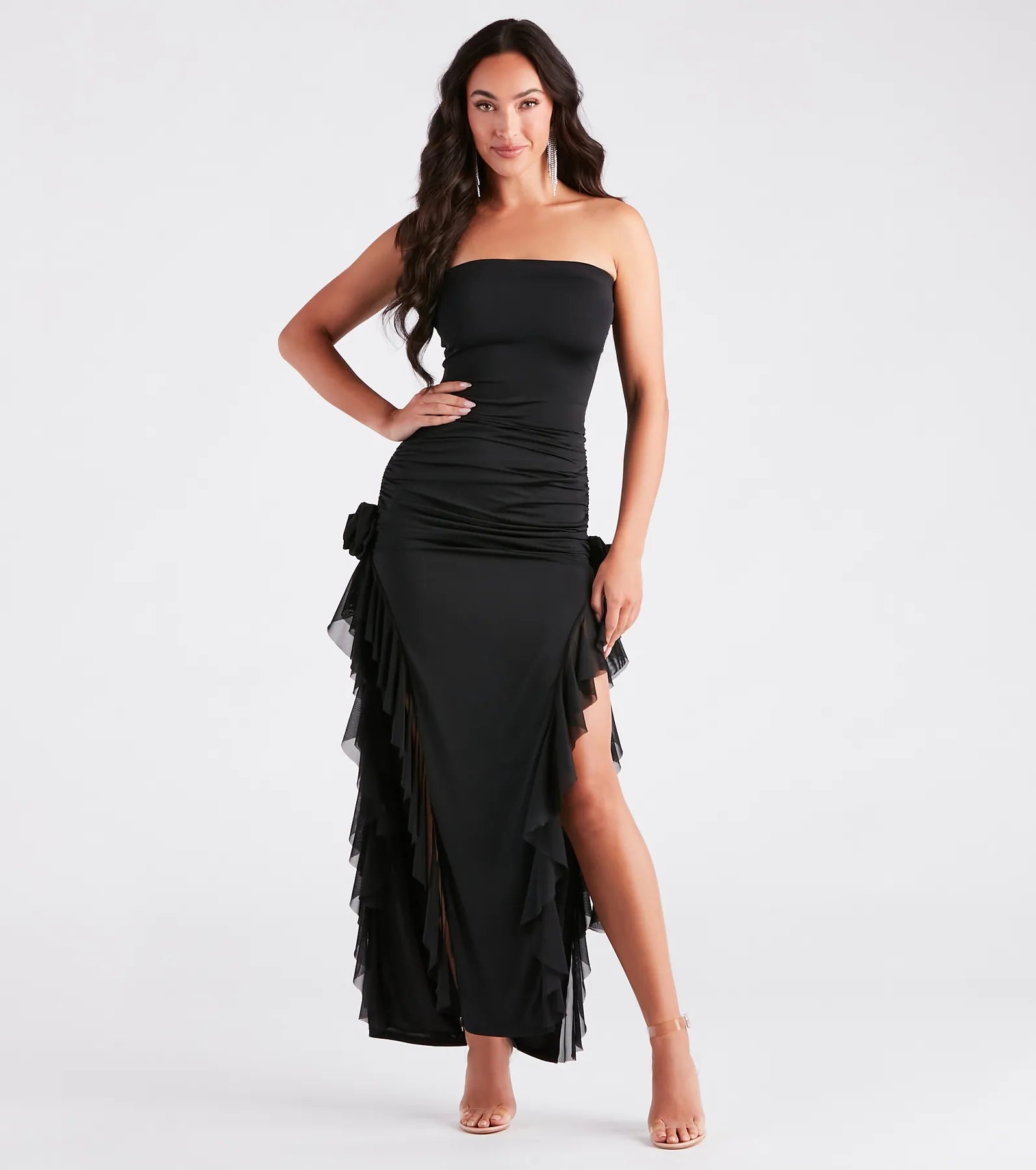 Maxi dresses with an empire waist for a flattering fit on all body typesKenna Rosette Applique Ruffled Formal Dress