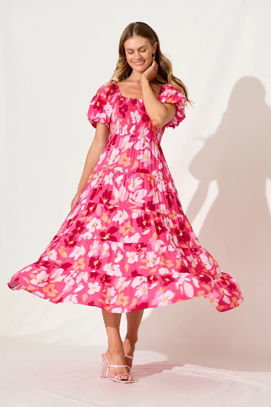 Ruffled maxi dresses with a tiered skirt for added volumeLucy Maxi Dress In Multi Pink Floral