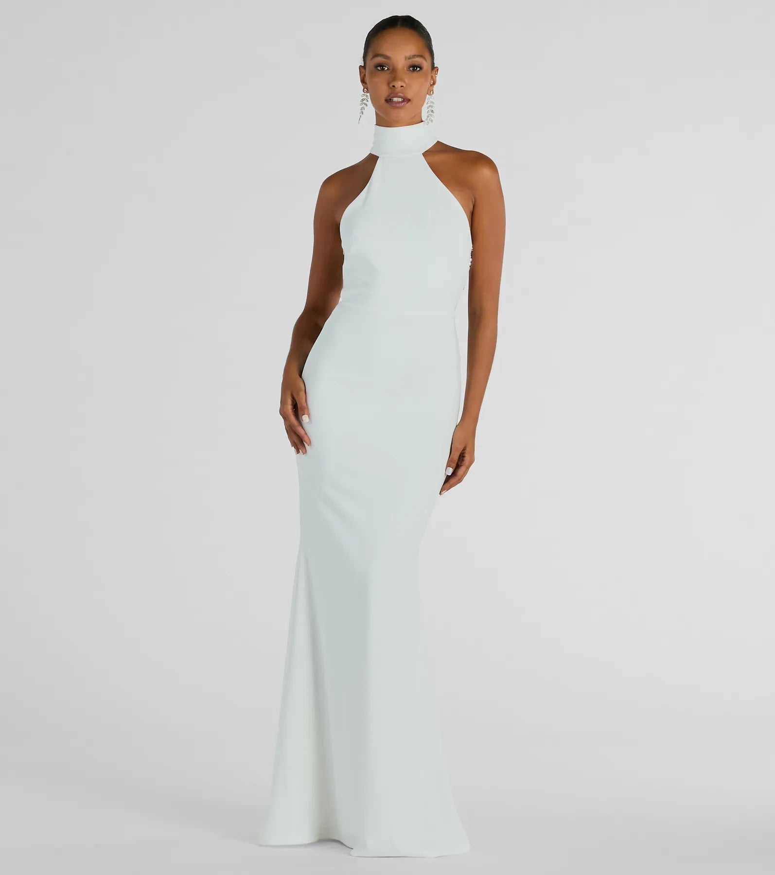 Maxi dresses with a criss - cross back for a flirty and unique detailMaia Halter Faux Pearl Strap Crepe Mermaid Dress