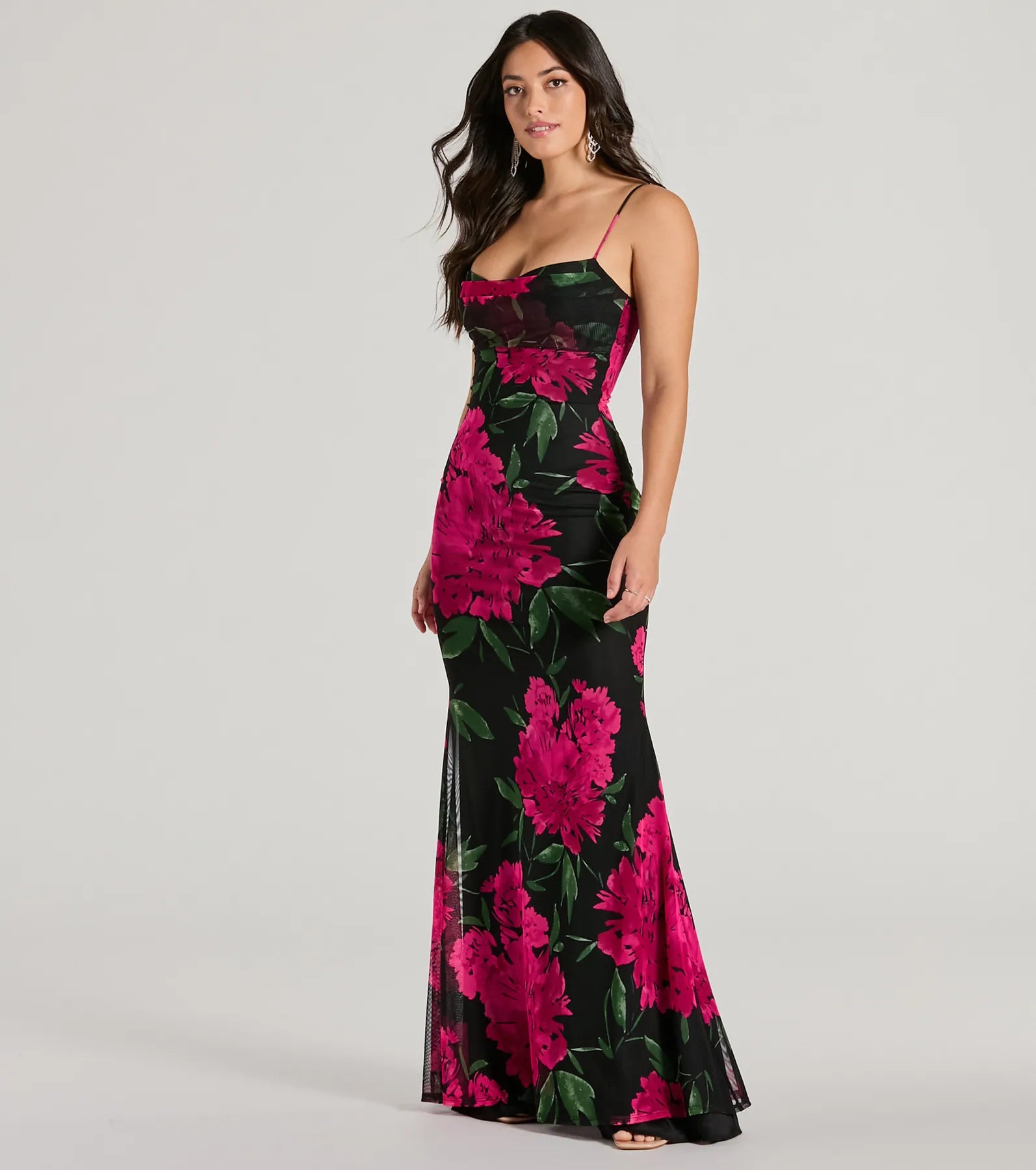 Maxi dresses with patchwork designs for a one - of - a - kind styleSavannah Cowl Neck Mermaid Floral Formal Dress