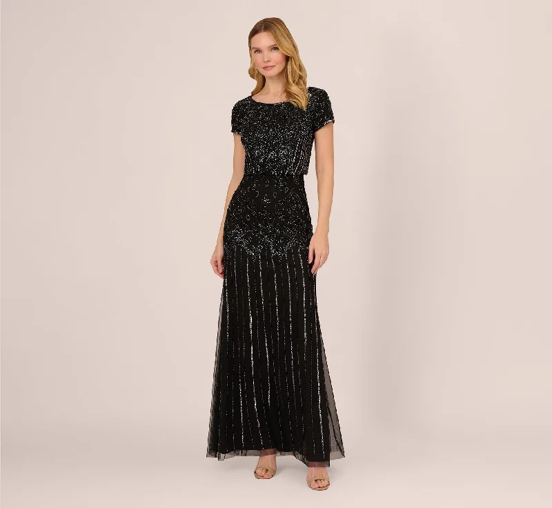 Maxi dresses with a keyhole back for a sexy detailShort Sleeve Blouson Beaded Gown In Black Gunmetal