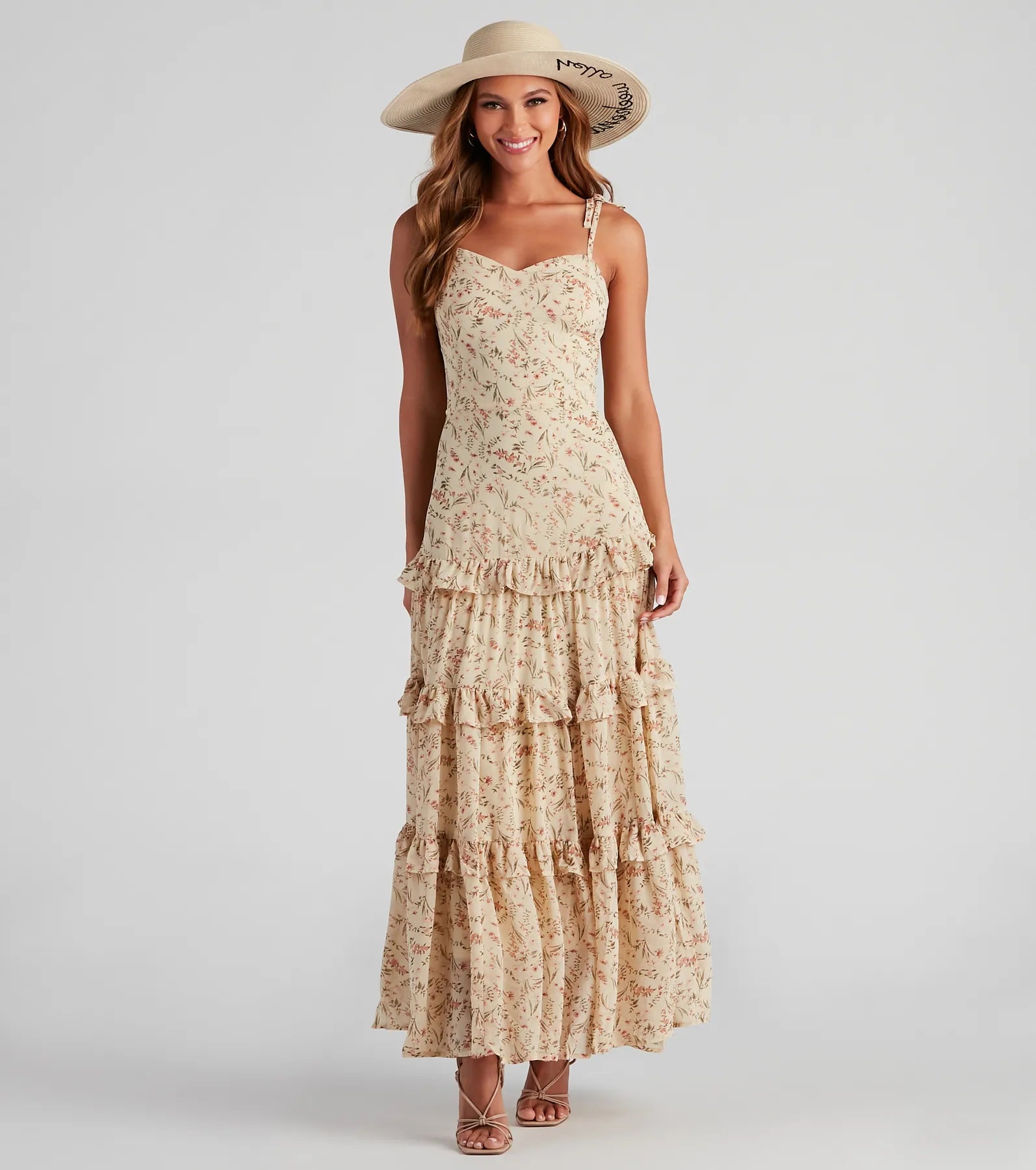 Maxi dresses with cold - shoulder cutouts for a trendy lookSwept Away Floral Ruffled Maxi Dress