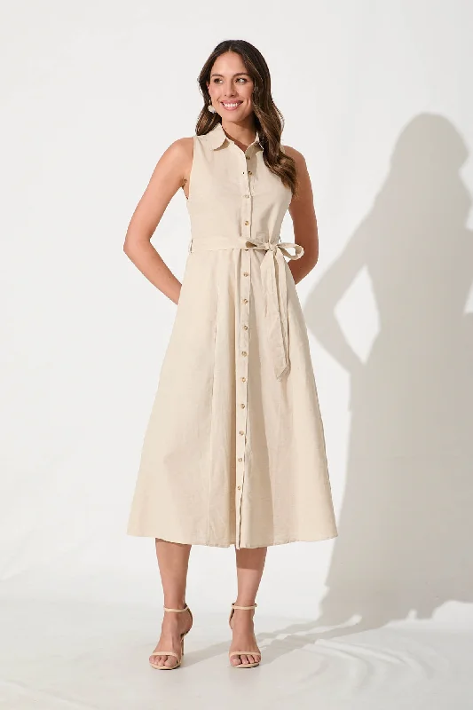 Linen maxi dresses for a breathable and lightweight summer optionThalia Maxi Shirt Dress In Oatmeal Cotton Blend