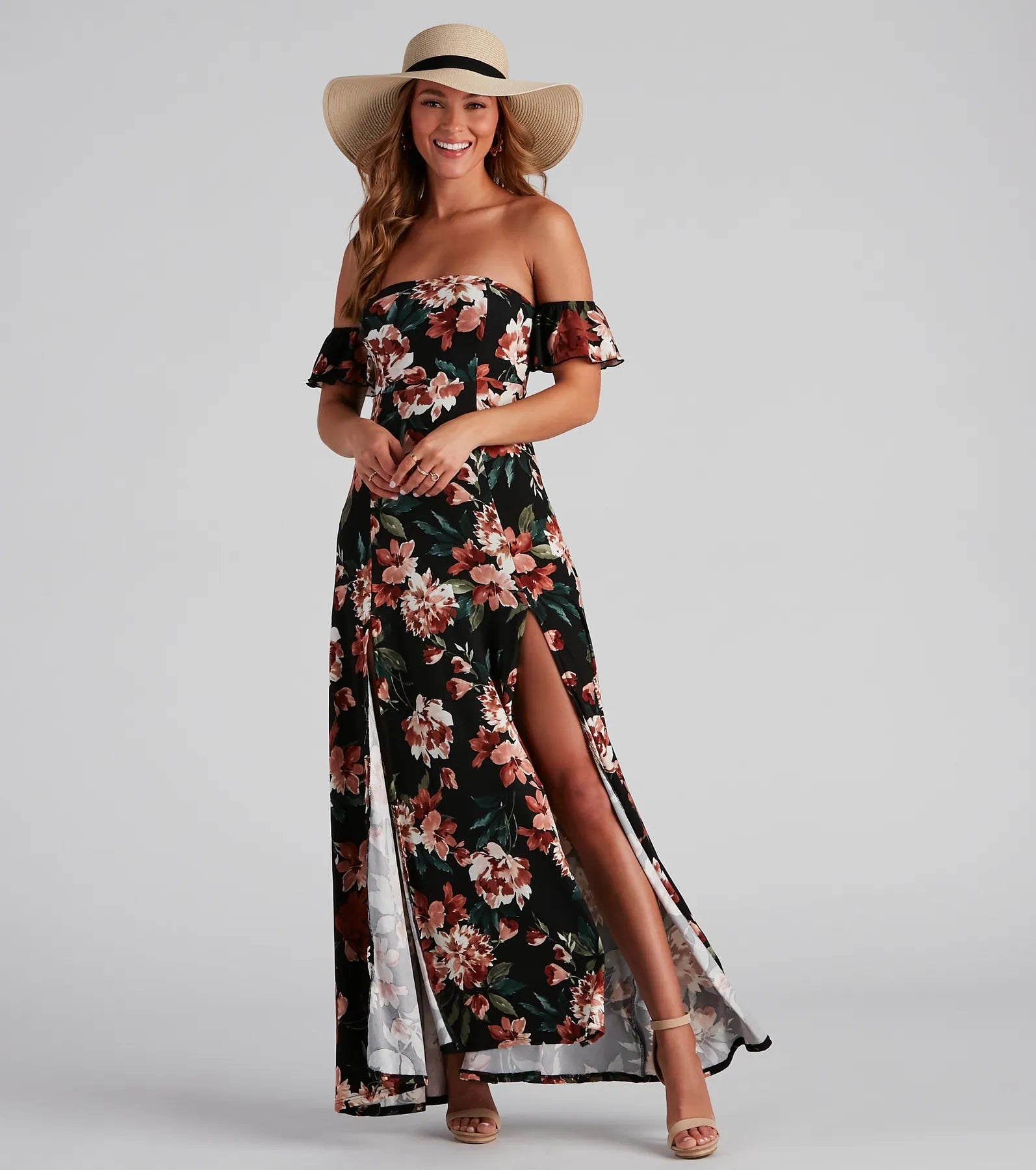 Maxi dresses with a keyhole back for a sexy detailVineyard Floral Slit Maxi Dress