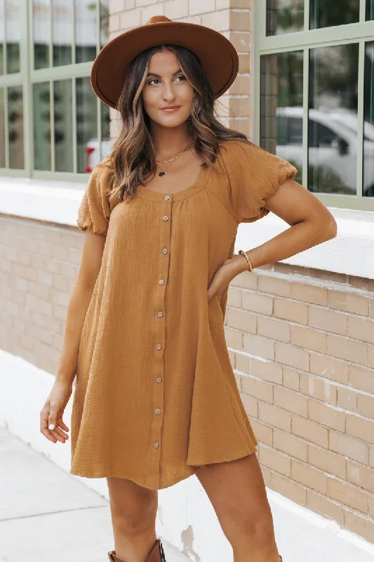 Mini dresses with V - necklines for a flattering shapeCamel Puff Sleeve Button Down Mini Dress - FINAL SALE