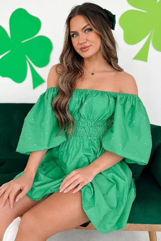 Sheer mini dresses with lace insertsCatriona Off The Shoulder Rhinestone Detail Mini Dress (Green)