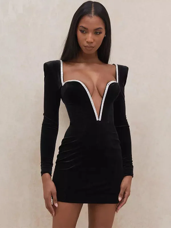 Mini dresses with side slits for a sexy appealDeep V-Neck Long Sleeve Mini Formal Dress MYC1013