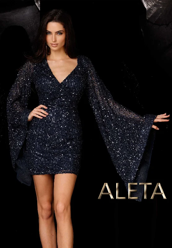 A - line cocktail dresses with floral embroidery for spring partiesAleta 747 Long Sleeve Homecoming Cocktail Short Sequin Dress