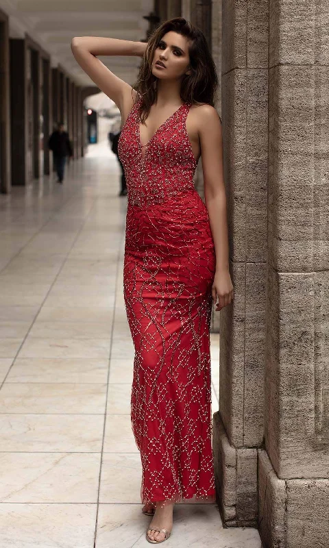 Formal dresses with abstract print panels and rhinestone embellishments for a unique formal eventChic and Holland - AN1433 Sleeveless Beaded Strappy Back Simple Prom Dress