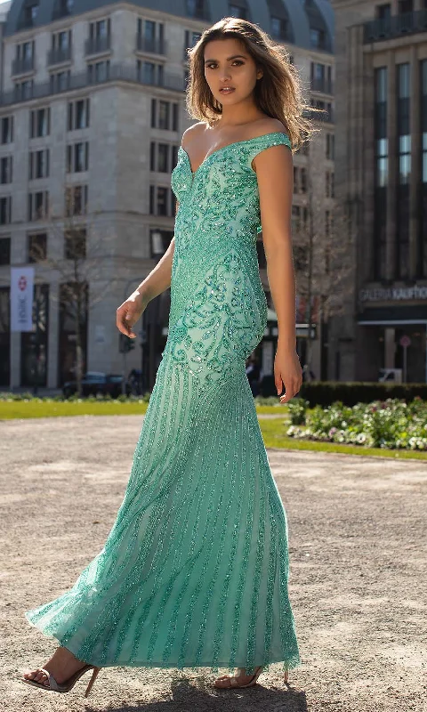 Formal dresses with ruched back panels and button - down fronts for a unique and flattering fitChic and Holland - AN1488 Sequined Off-Shoulder Modest Prom Dress