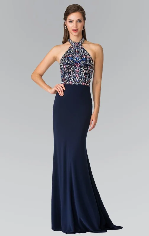 Formal dresses with empire waists and organza overlays for a feminine lookElizabeth K - GL2279 Beaded Halter Neck Rome Jersey Sheath Dress