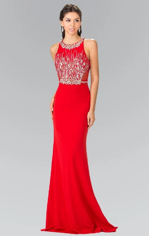 Formal dresses with fringe - trimmed sleeves and wrap - around styles for a bohemian - inspired formal eventElizabeth K - GL2294 Beaded High Neck Rome Jersey Trumpet Gown